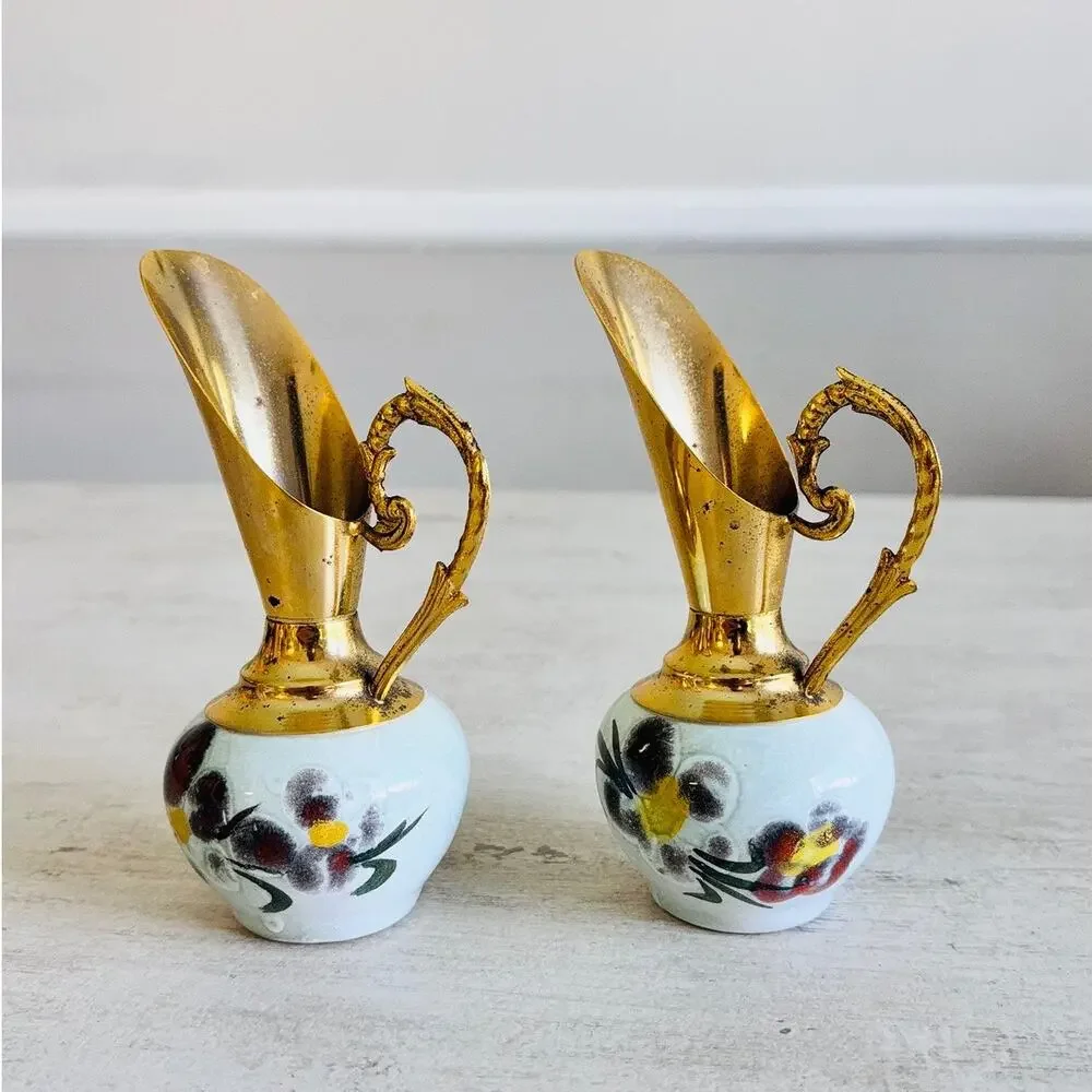 French Floral Ceramic Ewer Pair Gold Gilt Doré à l'Or Fin Made France